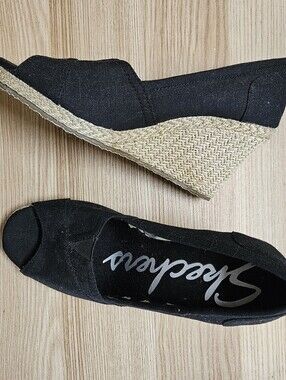 Skechers Black Espadrille Wedge Peep-Toe Casual Heels